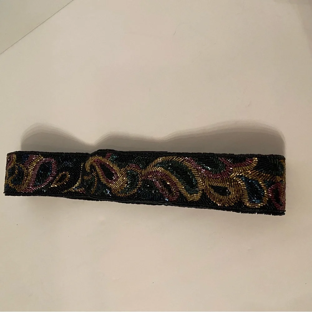 LA REGALE LTD BELT WIDE BLACK SATIN BEADED MULTI COLOR PEACOCK COLOR SIZE M